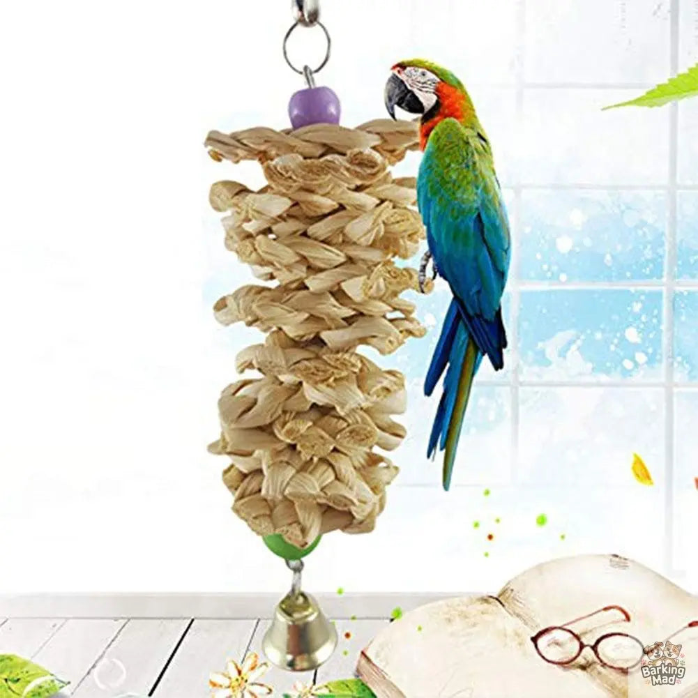 Bird Parrot Toy With Bell Natural Wooden Grass Bite Hanging Cage Barking Mad