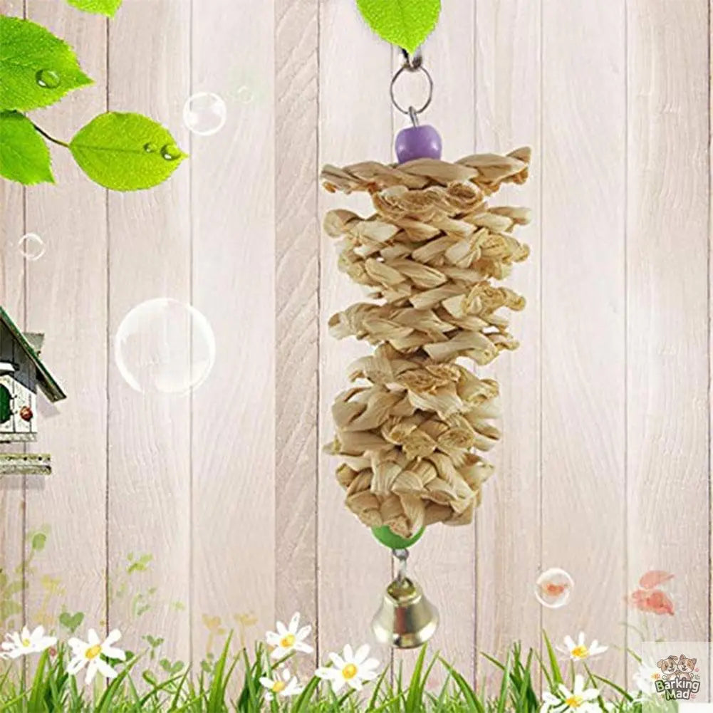 Bird Parrot Toy With Bell Natural Wooden Grass Bite Hanging Cage Barking Mad