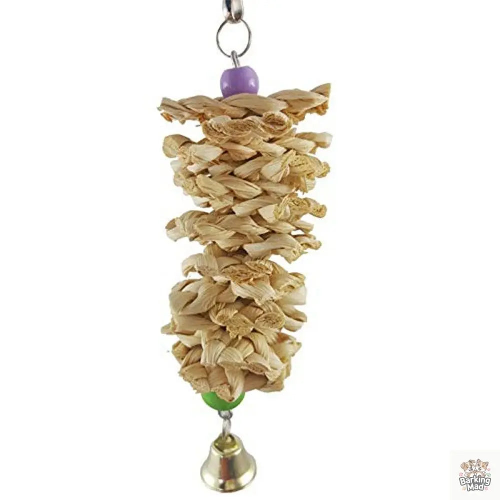 Bird Parrot Toy With Bell Natural Wooden Grass Bite Hanging Cage Barking Mad