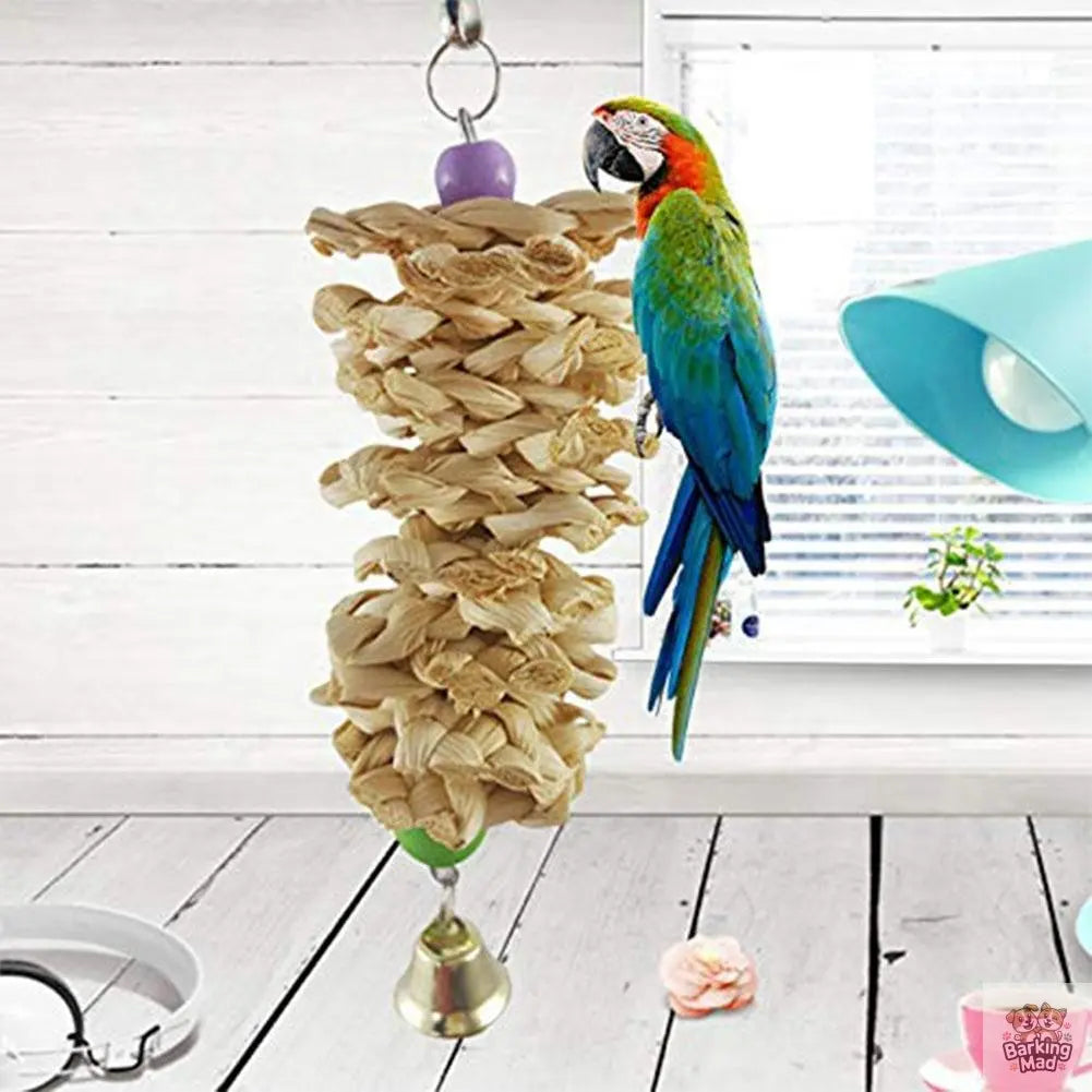 Bird Parrot Toy With Bell Natural Wooden Grass Bite Hanging Cage Barking Mad