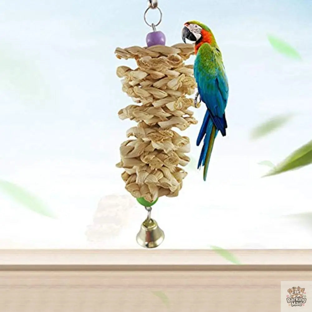 Bird Parrot Toy With Bell Natural Wooden Grass Bite Hanging Cage Barking Mad