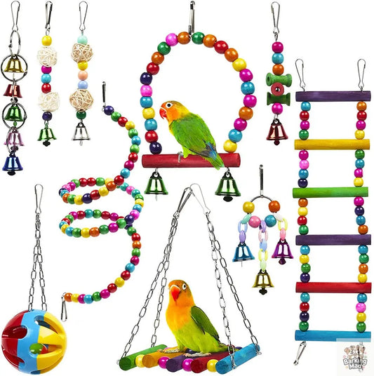 Parrot Combination Toy 10-Piece Set Wooden Bead Rotating Ladder Swing Stand Wooden Ladder Sepak Takraw Chewing Toy Barking Mad
