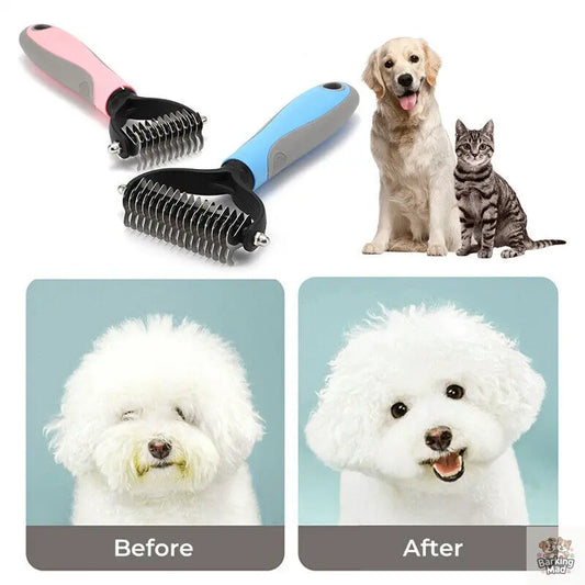 Grooming Brush For Pet Dog Cat Deshedding Tool Rake Comb Fur Remover Reduce 2-Side Dematting Tool For Dogs Cats Pets Grooming Brush Double Sided Shedding And Dematting Undercoat Rake Hair Removal Comb Barking Mad