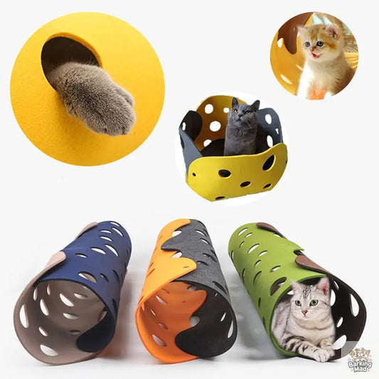 Cat Tunnel Cat Toy Felt Pom Splicing Deformable Kitten Nest Collapsible Tube House Tunnel Interactive Pet Toy Cat Accessories - Barking Mad