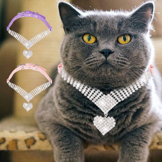 Shiny Rhinestone Pet Suede Soft Love Love Diamond Cat Collar Barking Mad