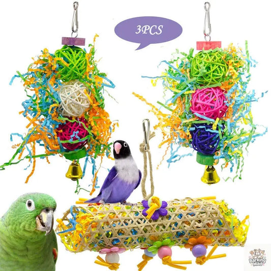 3pcs Bird Toy Parrot Gnawing Supplies Utensils Brushed Rattan Ball Grass Wooden Toys Barking Mad