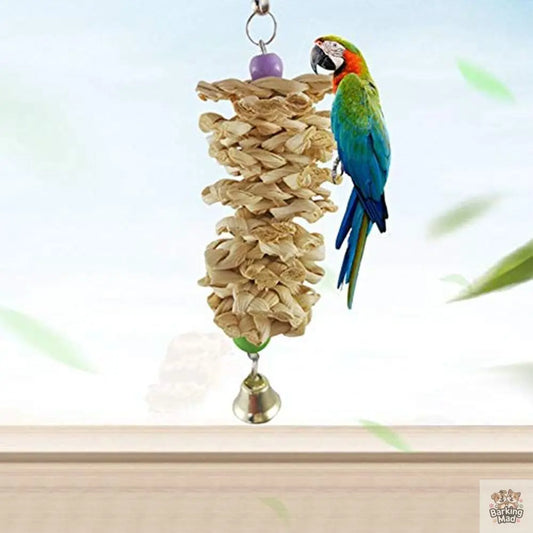 Bird Parrot Toy With Bell Natural Wooden Grass Bite Hanging Cage Barking Mad
