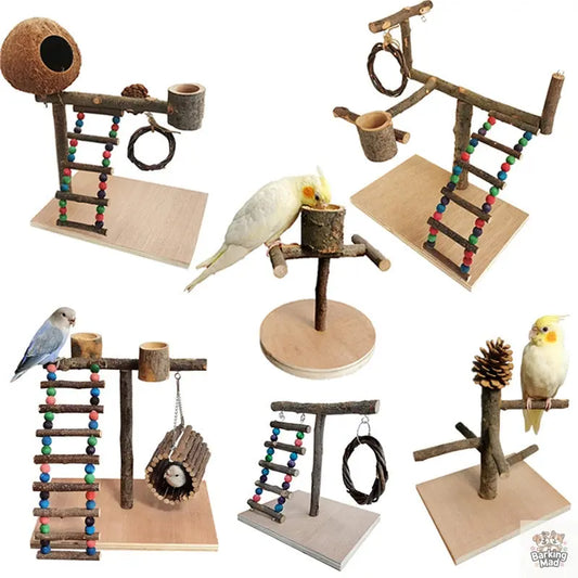 Solid Wood Parrot Station Frame Training Bird Shelf Parrot Toys Barking Mad